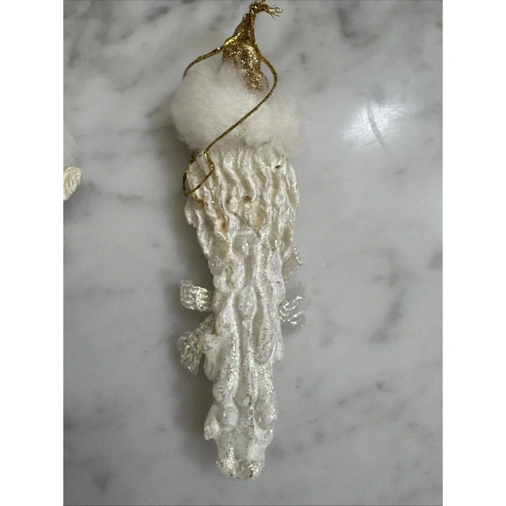 White Glitter Santa Claus Icicle Ornaments Gold Accents Faux Fur Trim Set of 2 - Picture 6 of 8